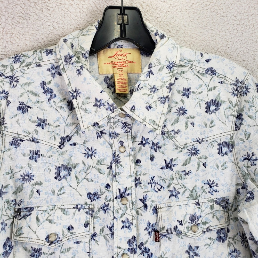 Levis Floral Western Pearl Snap Shirt Womens M White Blue Cowgirl Boho - Picture 2 of 10